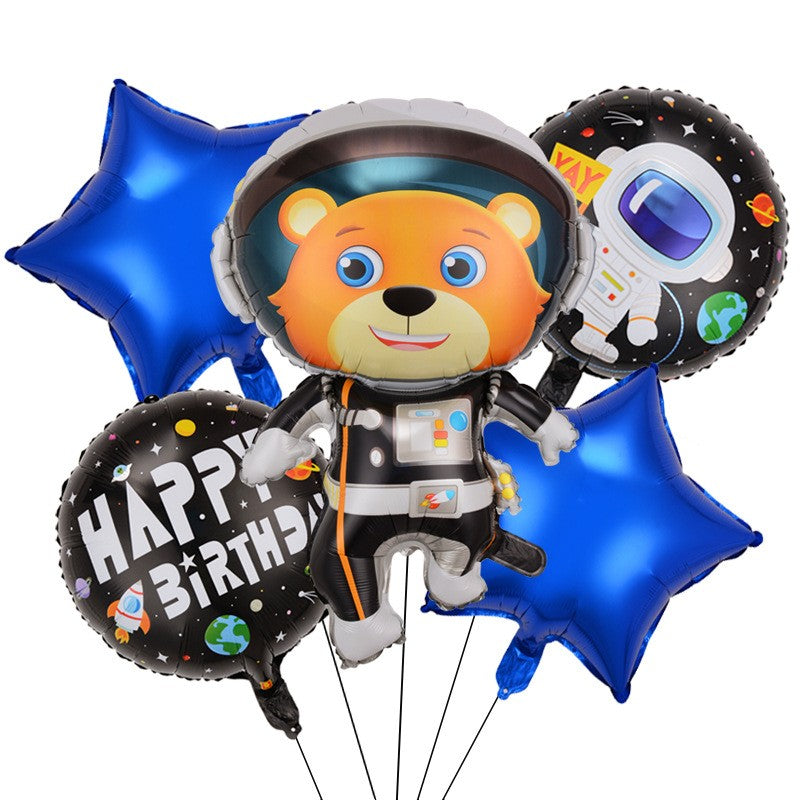Set 5 baloane din folie metalizata HAPPY BIRTHDAY, Klevo, Figurina Model Ursuletul Spatial, Stelute Albastre, Adeziv si pai incluse, 78 x 45cm, Multicolor