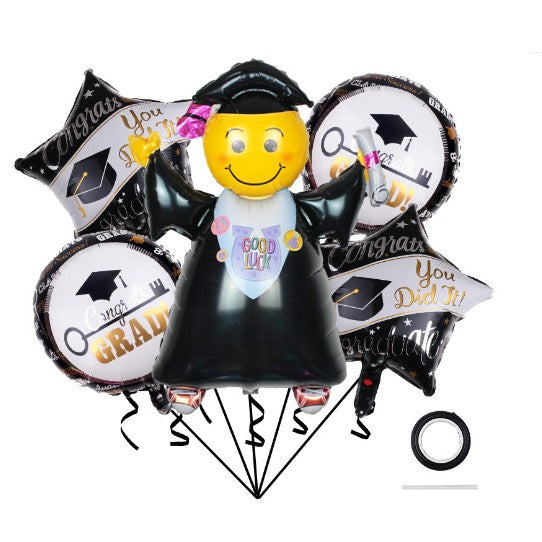 Baloane cu tematica Absolvire, Klevo, set din 5 baloane, 1 Figurina Absolventa, 2 stele, 2 rotunde, din folie de aluminiu, 70 x 40 cm, Aer si Heliu, Alb Negru