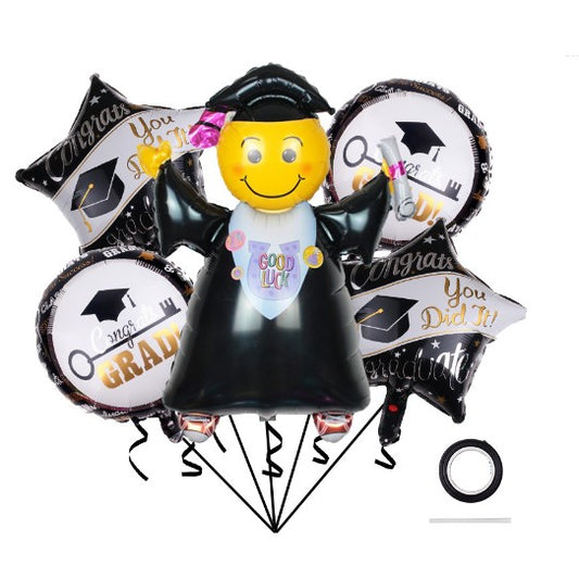 Baloane cu tematica Absolvire, Klevo, set din 5 baloane, 1 Figurina Absolventa, 2 stele, 2 rotunde, din folie de aluminiu, 70 x 40 cm, Aer si Heliu, Alb Negru