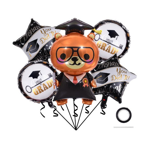 Baloane cu tematica Absolvire, Klevo, set din 5 baloane, 1 Figurina Ursulet, 2 stele, 2 rotunde, din folie de aluminiu, 70 x 40 cm, Aer si Heliu, Alb Negru