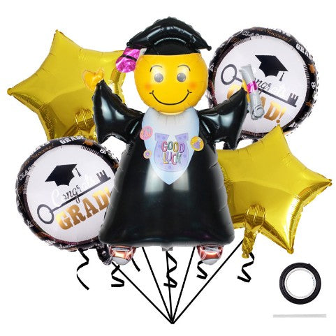 Baloane cu tematica Absolvire, Klevo, set din 5 baloane, 1 Figurina Absolventa, 2 stele, 2 rotunde, din folie de aluminiu, 70 x 40 cm, Aer si Heliu, Auriu Negru