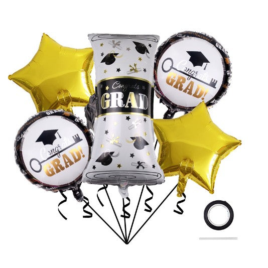 Baloane cu tematica Absolvire, Klevo, set din 5 baloane, 1 Figurina Diploma, 2 stele, 2 rotunde, din folie de aluminiu, 70 x 40 cm, Aer si Heliu, Auriu Negru
