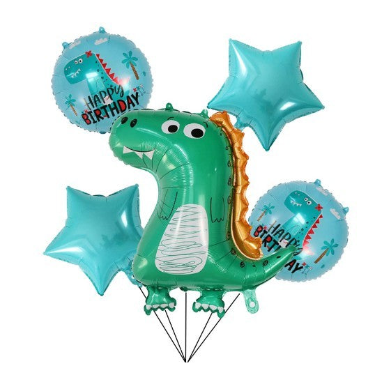Set 5 Baloane folie de aluminiu, Klevo, Figurina Dinozaur, pentru aniversare HAPYY BIRTHDAY, Stelute Albastre si Baloane Albastre, 50 - 70 cm