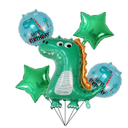 Set 5 Baloane folie de aluminiu, Klevo, Figurina Dinozaur, pentru aniversare HAPYY BIRTHDAY, Stelute Verzi si Baloane Albastre, 50 - 70 cm