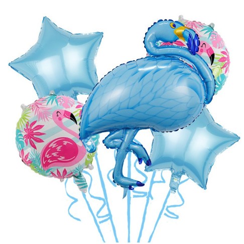 Set Baloane party aniversare, Klevo, din Folie de aluminiu si Latex, set din 5 baloane Flamigo Party cu 2 stele, 2 baloane rotunde, 60 -90 cm, Albastru