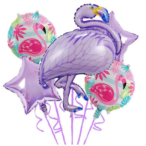 Baloane aniversare Flamingo Party, Klevo, din Folie de aluminiu si Latex, set din 5 baloane, 1 Flamingo, 2 Stele, 2 rotunde, 60 x 90 cm, Adeziv si pai inclus  Mov