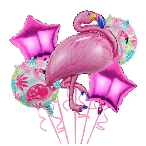 Set Baloane party aniversare, Klevo, din Folie de aluminiu si Latex, set din 5 baloane Flamigo Party cu 2 stele, 2 baloane rotunde, 60 -90 cm, Roz