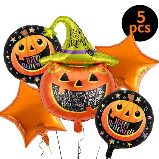 Set 5 Baloane din Folie Metalizata, Klevo, Figurine, Tema Halloween, Pai Inclus, Ambalaj Individual, Umflare cu Aer sau Heliu, Figurina Dovleac 54x87 cm, Stelute si Cerculete 45 cm, Multicolor