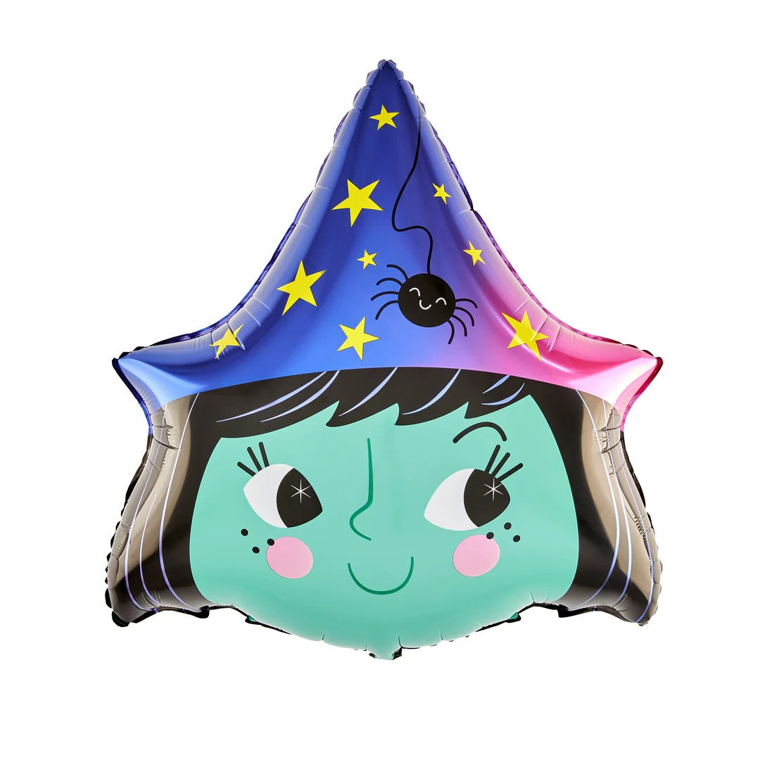 Baloane Halloween, Klevo, set din 5 Baloane, 1 Little Witch Halloween, 2 stele negre, 2 baloane rotunde multicolore, din folie de aluminiu, 30- 40 cm, pai de carton inclus, Multicolor
