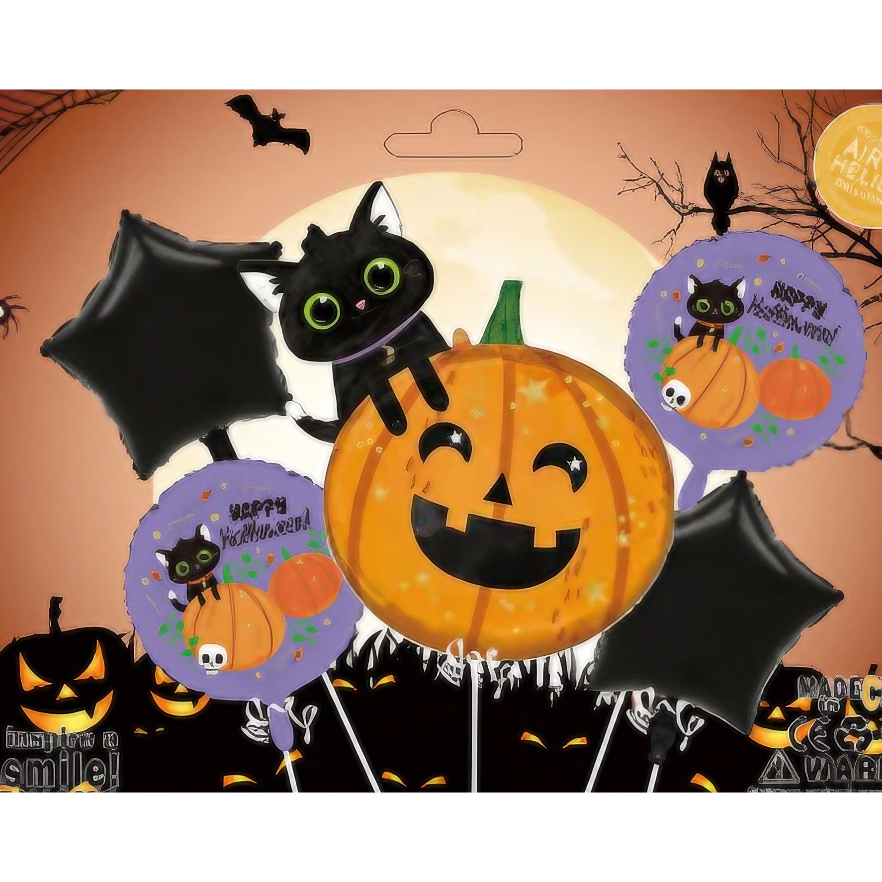 Set 5 Baloane din Folie Metalizata, Klevo, Figurine, Tema Halloween, Pai Inclus, Ambalaj Individual, Umflare cu Aer sau Heliu, Figurina Dovleac si Pisica 84x69 cm, Stelute si Cerculete 45 cm, Multicolor