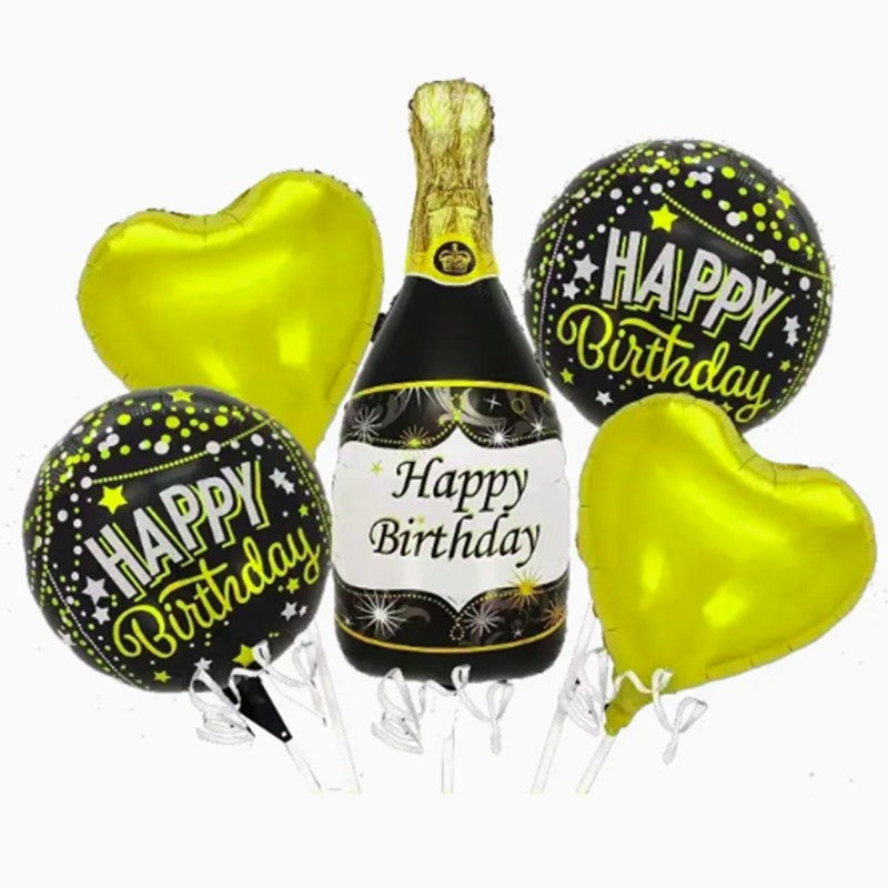 Baloane pentru aniversare, Klevo, tematica Happy Birthday, set 5 baloane, 1 Sticla Sampanie 103 x 94 cm, 2 inimi, 2 rotunde, din folie de aluminiu, pai de carton inclus, Negru Auriu