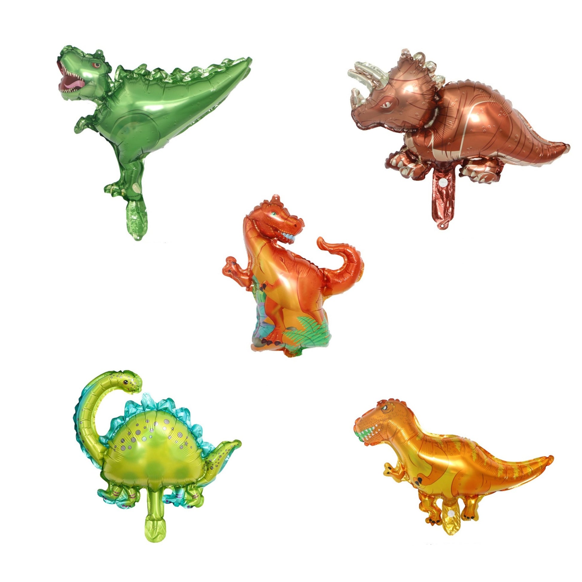 Set 5 Baloane Folie Metalizata, Klevo, Figurine Dinozauri, 30 cm, Ambalaj Individual, Pai inclus, Umflare cu Aer sau Heliu, Multicolor