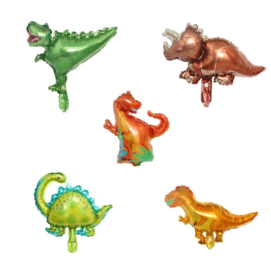 Set 5 Baloane Folie Metalizata, Klevo, Figurine Dinozauri, 30 cm, Ambalaj Individual, Pai inclus, Umflare cu Aer sau Heliu, Multicolor