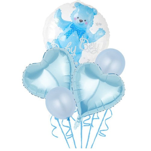 Set Baloane Aniversare, Klevo, set din 5 bucati, 1 bucata urs, 2 inimi folie, 2 simple din latex Baby Boy, 60 cm Albastru