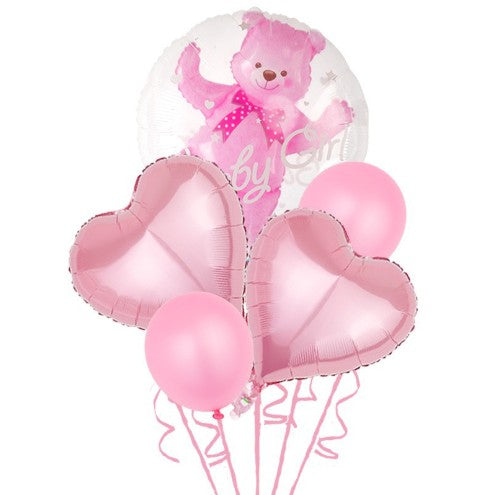 Set Baloane Aniversare, Klevo, set din 5 bucati, 1 bucata urs, 2 inimi folie, 2 simple din latex Baby Girl, 60 cm Roz