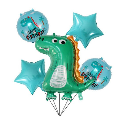 Set 5 Baloane folie de aluminiu, Klevo, Figurina Dinozaur, pentru aniversare HAPYY BIRTHDAY, Stelute Albastre si Baloane Albastre, 50 - 70 cm
