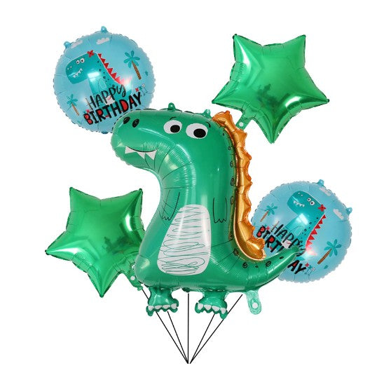 Set 5 Baloane folie de aluminiu, Klevo, Figurina Dinozaur, pentru aniversare HAPYY BIRTHDAY, Stelute Verzi si Baloane Albastre, 50 - 70 cm