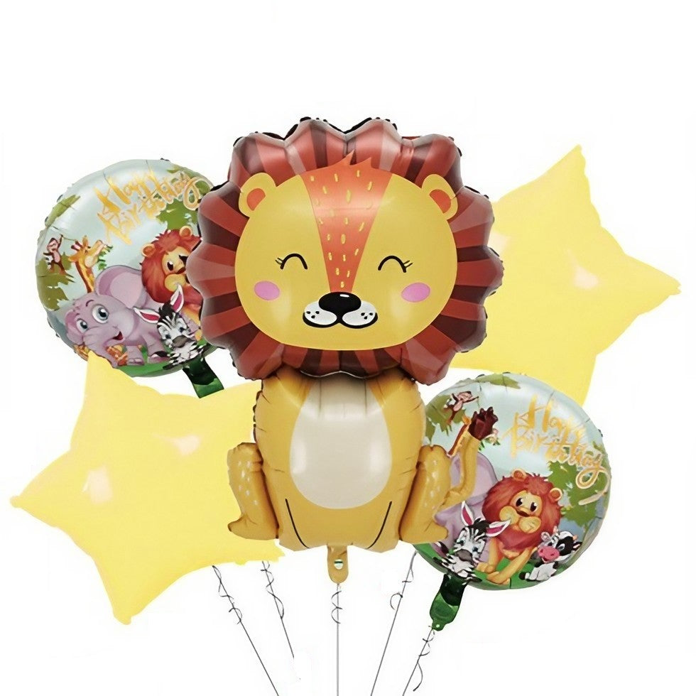 Set 5 Baloane din Folie Metalizata, Klevo, Figurine, Tema Aniversare Jungla, Pai Inclus, Ambalaj Individual, Umflare cu Aer sau Heliu, Figurina Leu 69.5x101 cm, Stelute si Cerculete 45 cm, Multicolor
