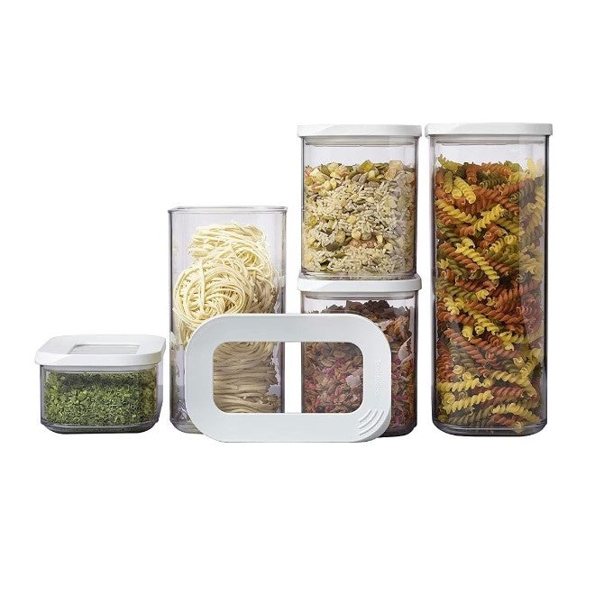 Set 5 Cutii de Depozitare Alimente, Klevo, Capac Alb, din ABS+Silicon, 23 x 15 x 27 cm, Transparent