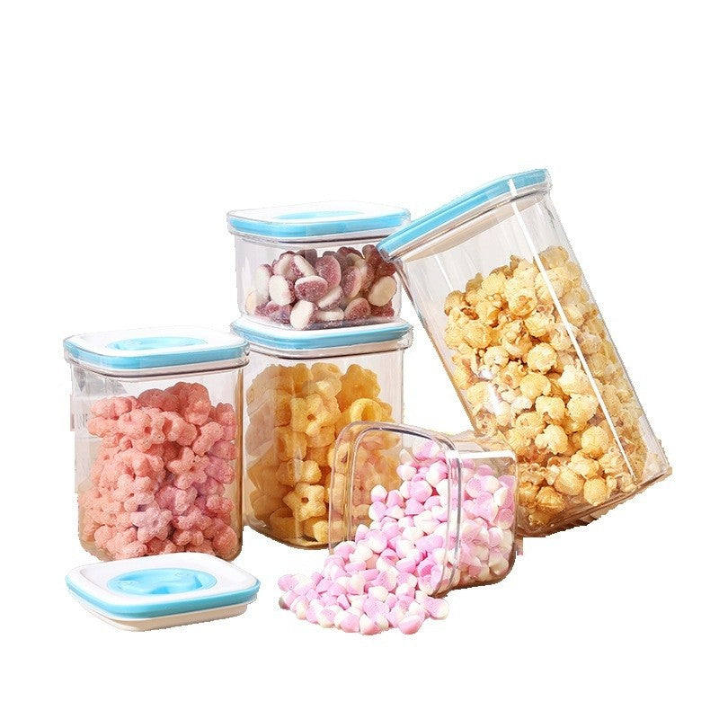 Set 5 Cutii de Depozitare pentru Bucatarie, Klevo, 2 x 600ml, 2 x 1.3L, 1 x 2L, din ABS+PET+Silicon, Capac Alb/Albastru, 23 x 10 x 10 cm, Transparent