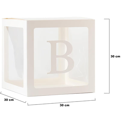 Set 5 Cutii pentru Baloane, Klevo, Model Scris Bride, Tematica Nunta, Cuburi Decorative din Plastic, Accesorii pentru Petrecere, 30 x30 cm, Transparente Contur Alb
