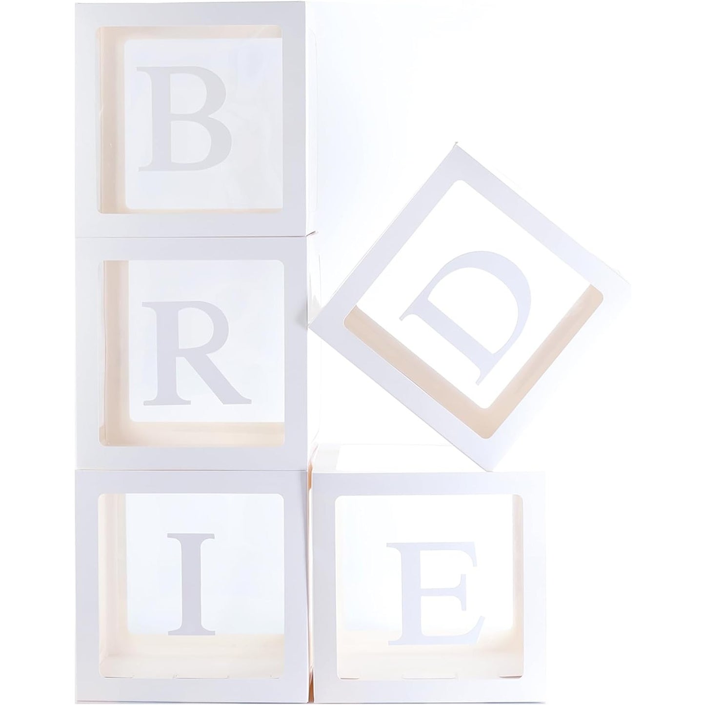 Set 5 Cutii pentru Baloane, Klevo, Model Scris Bride, Tematica Nunta, Cuburi Decorative din Plastic, Accesorii pentru Petrecere, 30 x30 cm, Transparente Contur Alb