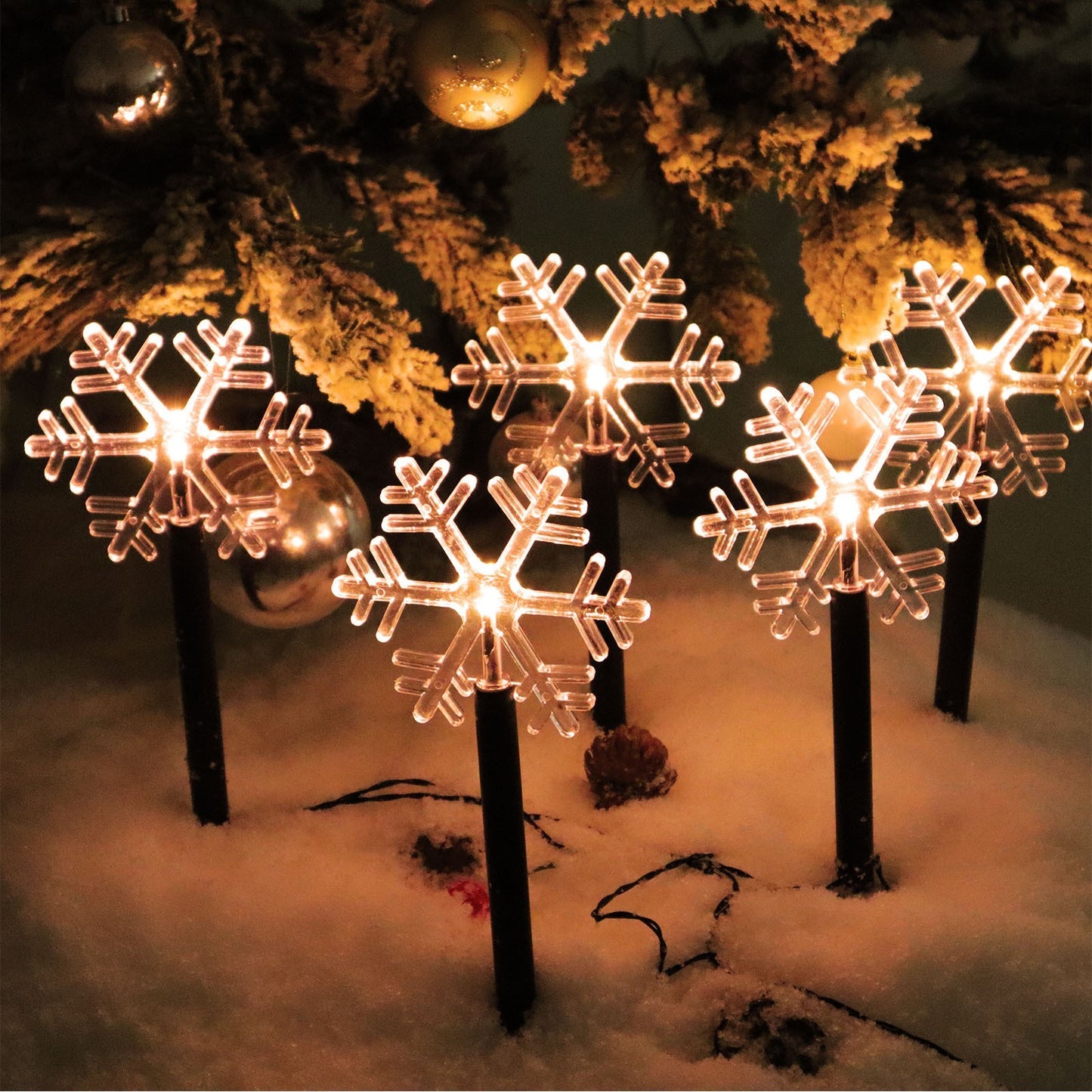 Set 5 Lampi LED cu baterii, de exterior Model Fulg de nea, pentru gradina, Klevo, 35.5 cm, Alb Cald