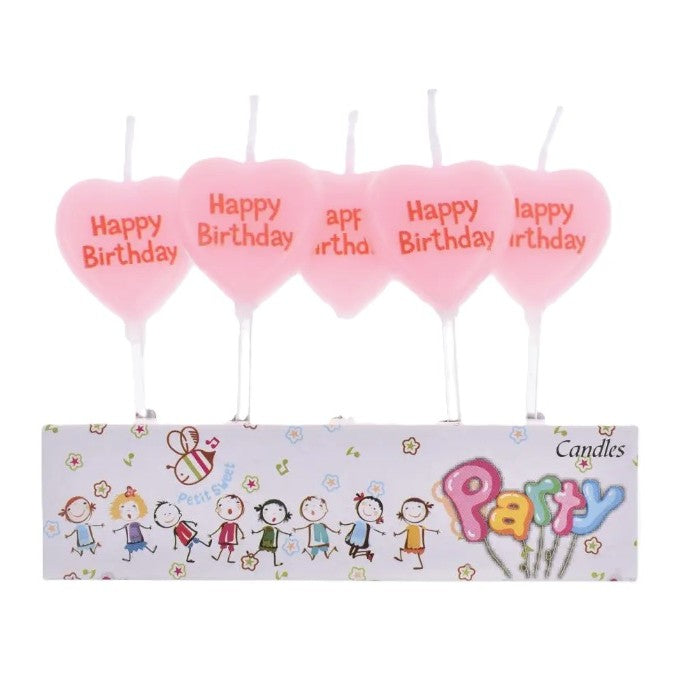 Set 5 Lumanari de Tort, Klevo, Model Inima, Text Happy Birthday, 2.5 x 2.5 cm, din Ceara, Multicolor