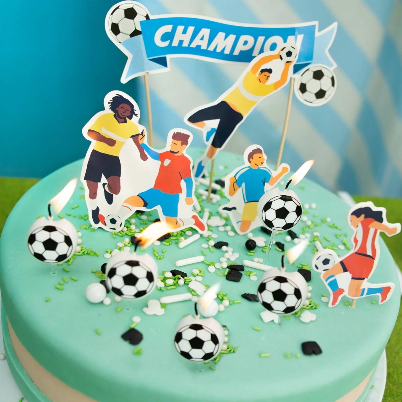 Set 5 Lumanari de Tort, Klevo, Model Mingi de Fotbal, 3.5 cm, din Ceara, Alb/Negru