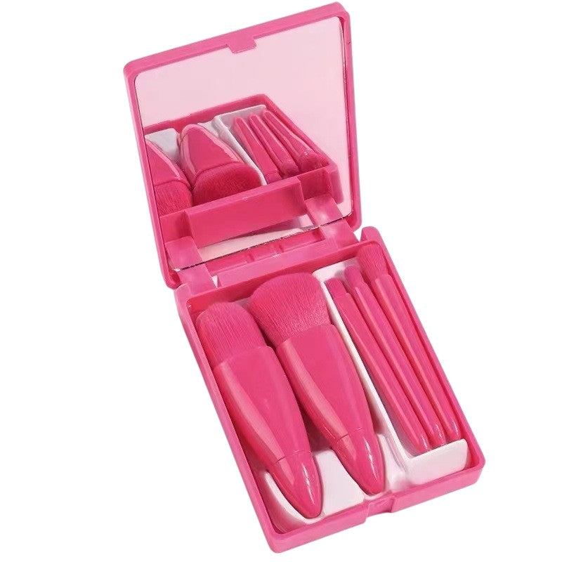 Set 5 Mini Pensule de Machiaj, Klevo, Portabile, in Carcasa cu Oglinda, din Par Sintetic Moale, Fucsia, 12x7x2.5 cm