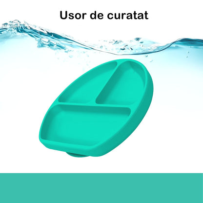 Set 5 piese diversificare bebelusi si copii din silicon Klevo, baveta, farfurie compartimentata cu ventuza, bol cu ventuza, tacamuri, fara alergeni, verde