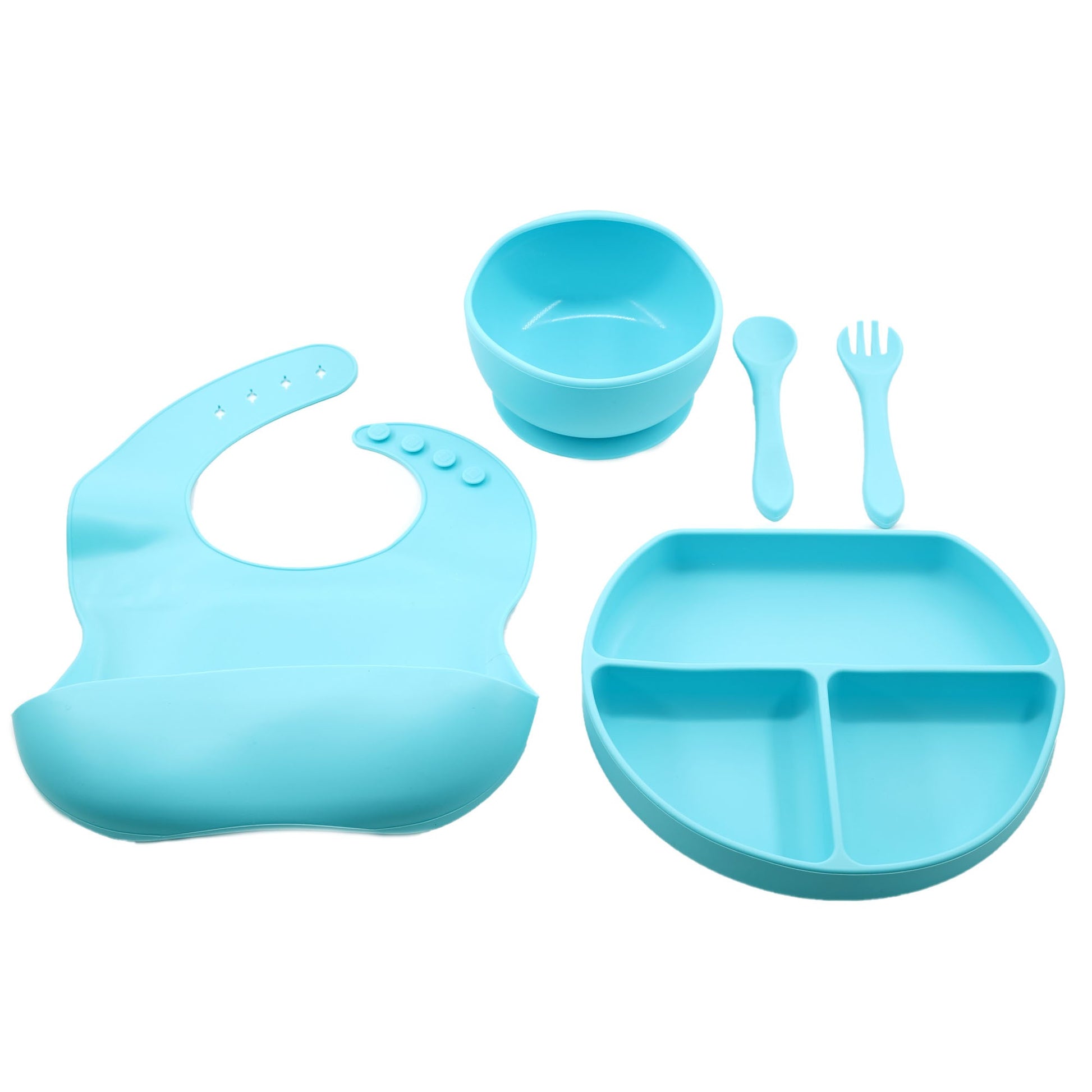 Set 5 piese diversificare bebelusi si copii din silicon Klevo, baveta, farfurie compartimentata cu ventuza, bol cu ventuza, tacamuri, fara alergeni, albastru