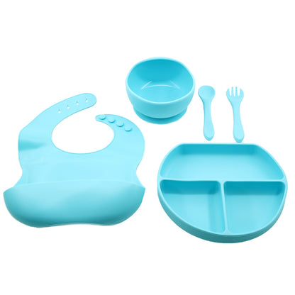 Set 5 piese diversificare bebelusi si copii din silicon Klevo, baveta, farfurie compartimentata cu ventuza, bol cu ventuza, tacamuri, fara alergeni, albastru