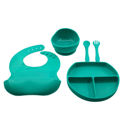 Set 5 piese diversificare bebelusi si copii din silicon Klevo, baveta, farfurie compartimentata cu ventuza, bol cu ventuza, tacamuri, fara alergeni, verde