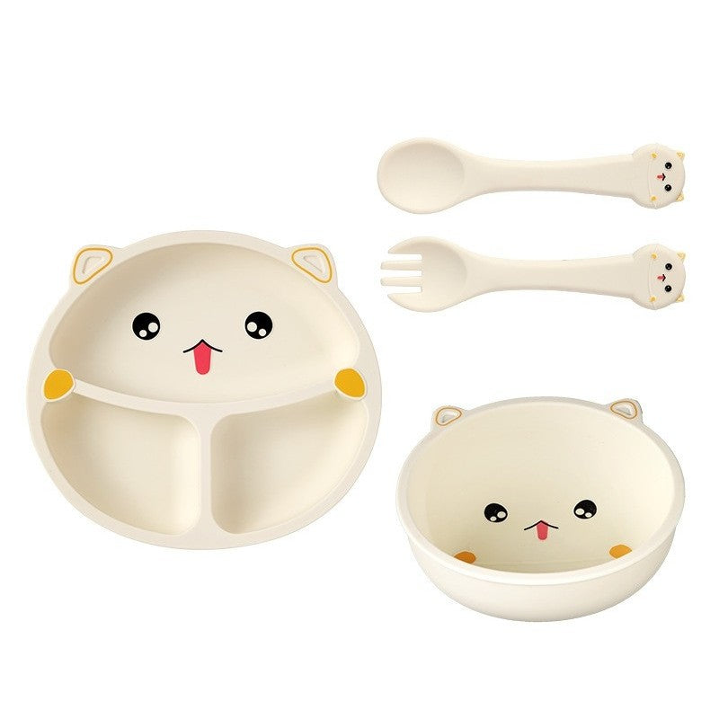 Set 5 Piese Hranire Bebelusi si Copii, Klevo, din Silicon, fara BPA, de la 12 Luni, Model Pisicuta, 28 x 26 x 2 cm, Bej