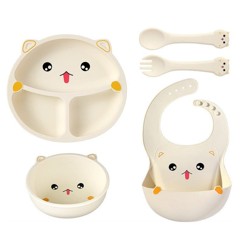 Set 5 Piese Hranire Bebelusi si Copii, Klevo, din Silicon, fara BPA, de la 12 Luni, Model Pisicuta, 28 x 26 x 2 cm, Bej