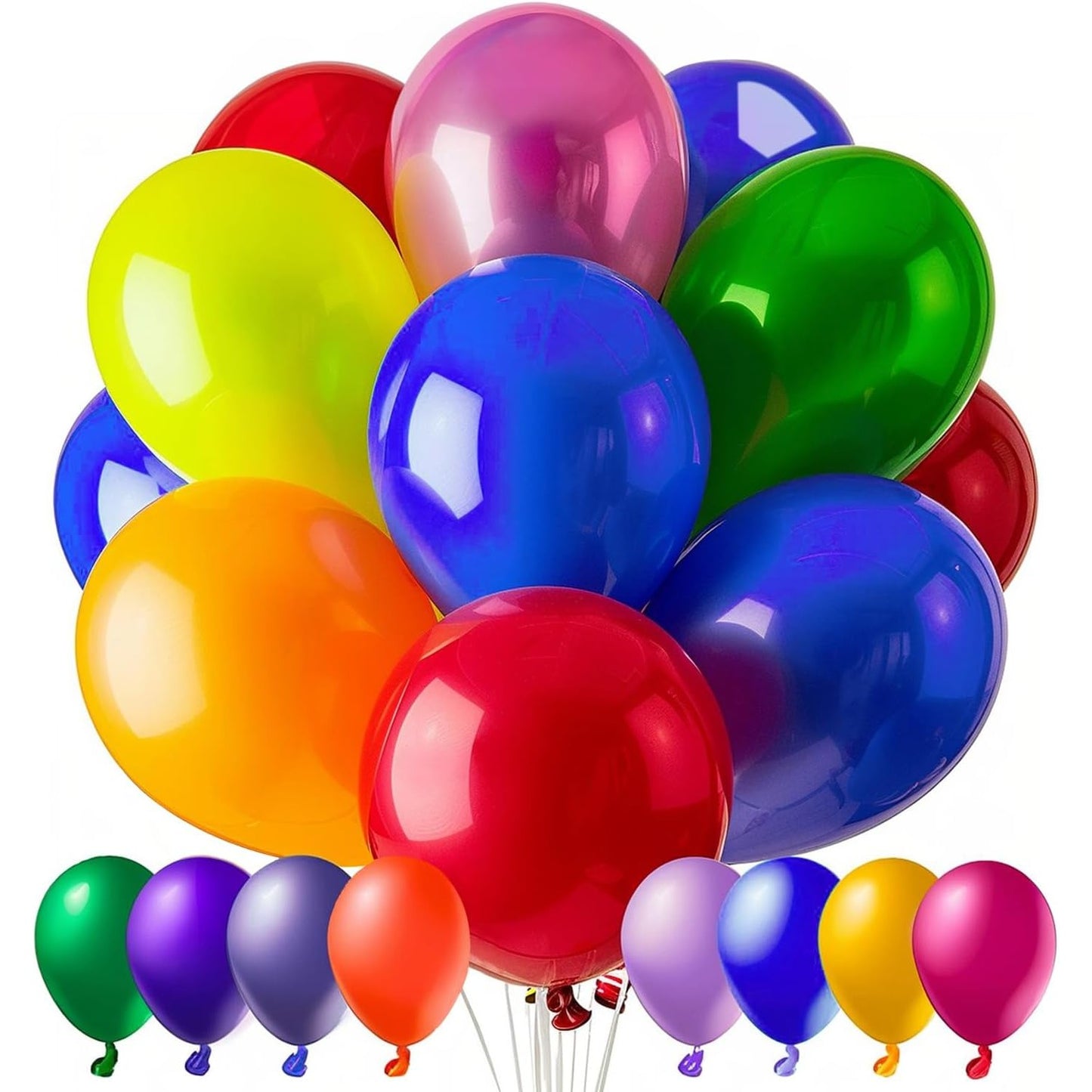 Set 50 Baloane din Latex, Klevo, Model Party, Multicolor, 7x Albastru, 7x Verde, 7x Galben, 7x Mov, 7x Portocaliu, 7x Roz, 8x Rosu, 23 cm, 1.4 g