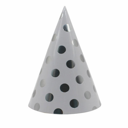 Set 6 Coifuri Metalizate, Klevo, pentru Petrecere, Tematica Aniversare, Model Buline, 20 cm, Argintiu