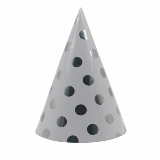 Set 6 Coifuri Metalizate, Klevo, pentru Petrecere, Tematica Aniversare, Model Buline, 20 cm, Argintiu