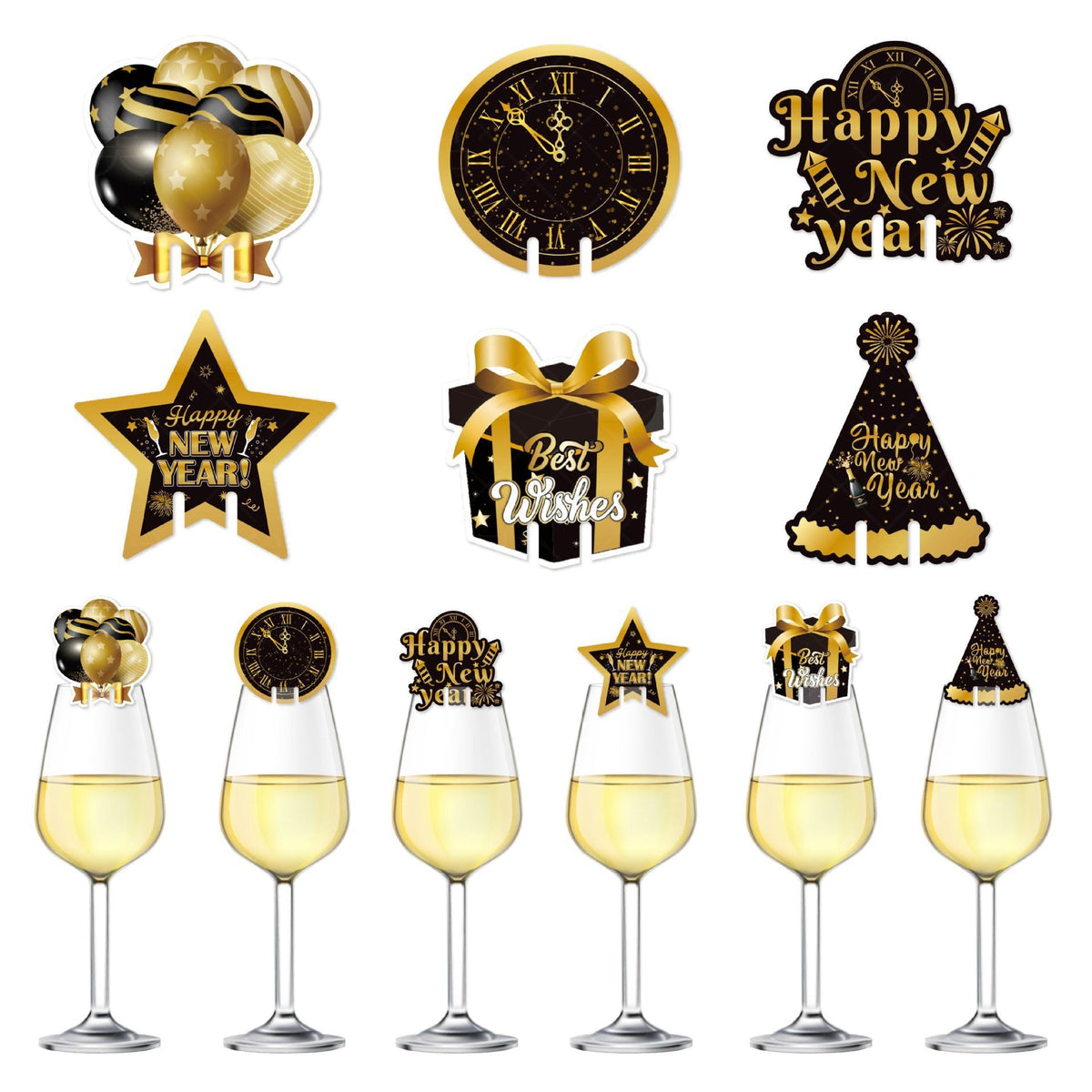 Set 6 Decoratiuni pentru Pahare de Cocktail, Klevo, Tema Anul Nou, din Hartie, Multicolor