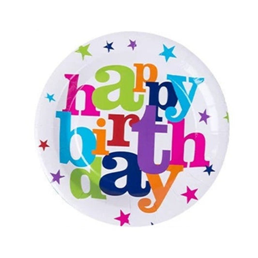 Set 6 Farfurii Unica Folosinta, Klevo, Imprimeu Happy Birthday, din Carton, Diametru 23 cm, Multicolor