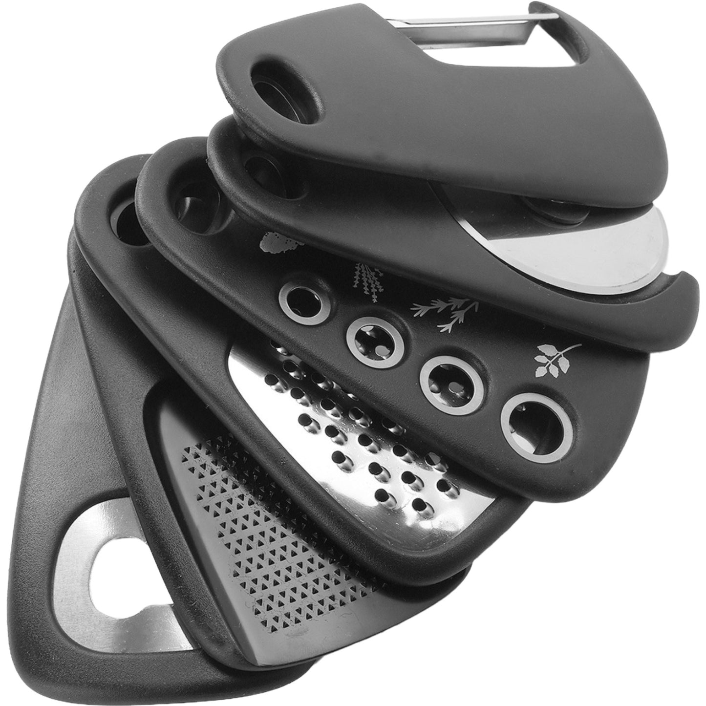Set 6 in 1 mini ustensile bucatarie Klevo, taietor pizza, cutit, curatator, razatoare, desfacator, presa usturoi, manere din ABS, lame ascutite din otel inoxidabil, 7.1 x 12.9 x 4.8 cm,  negru