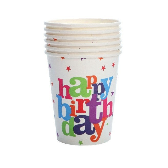 Set 6 Pahare, Klevo, Imprimeu Happy Birthday, din Carton, 7.5 x 7.8 cm, Multicolor