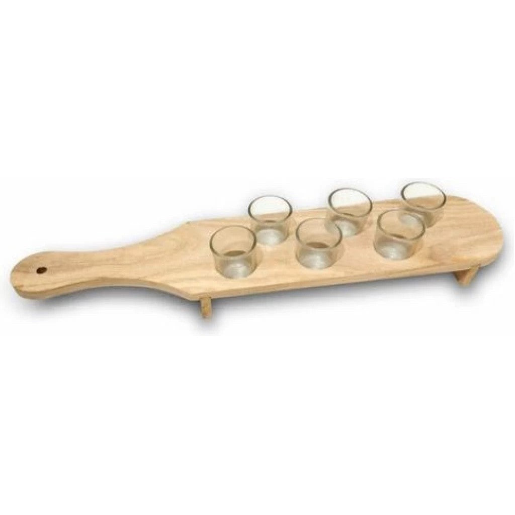 Pahare Shot din Sticla, Klevo, Set 6 pahare pentru Shot cu Suport din Lemn, Design Rustic, 41 x 8.5 x 6 cm, Model 2, Maro