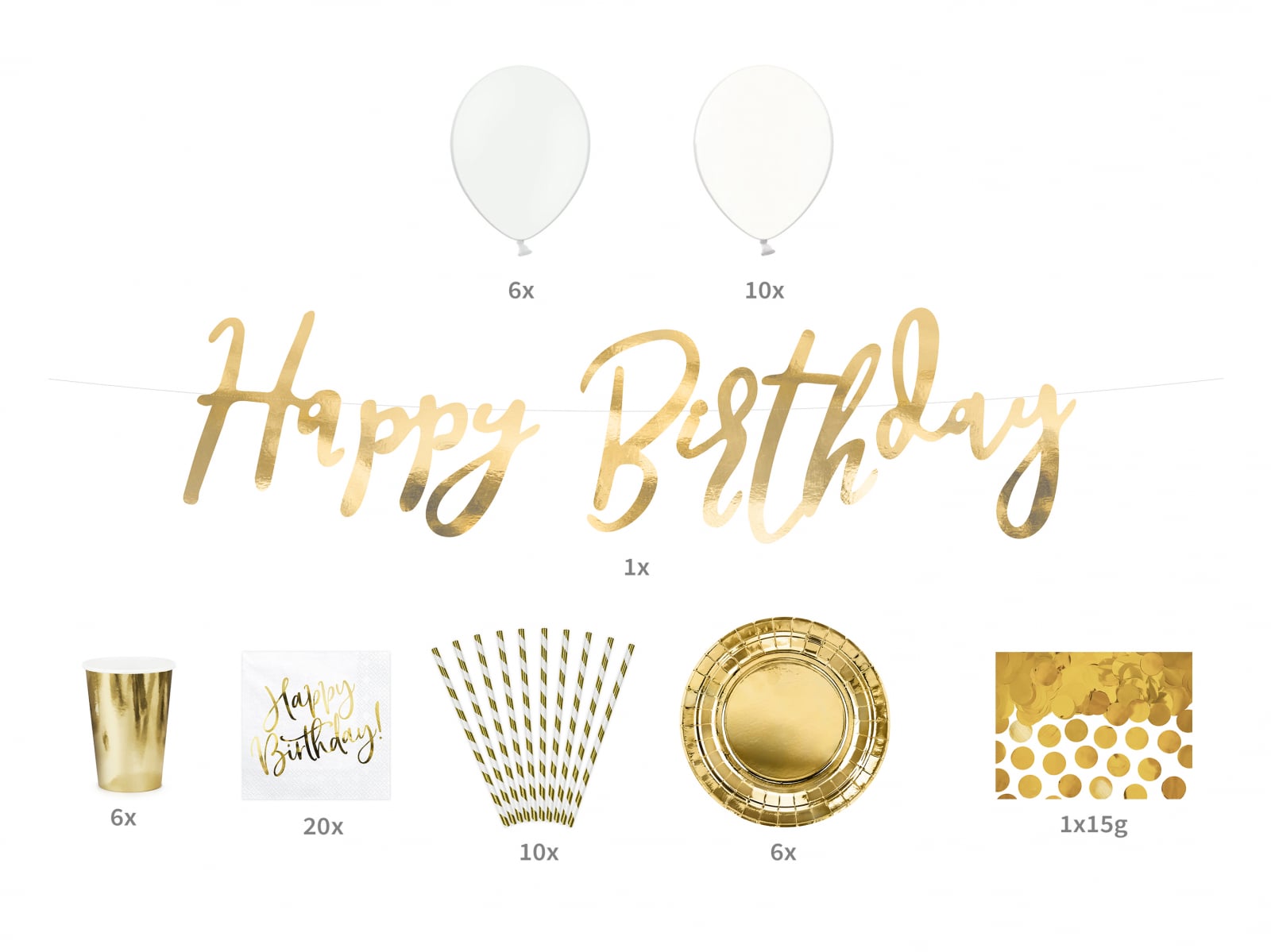 Set 60 buc decorațiuni petrecere aurii - Happy Birthday