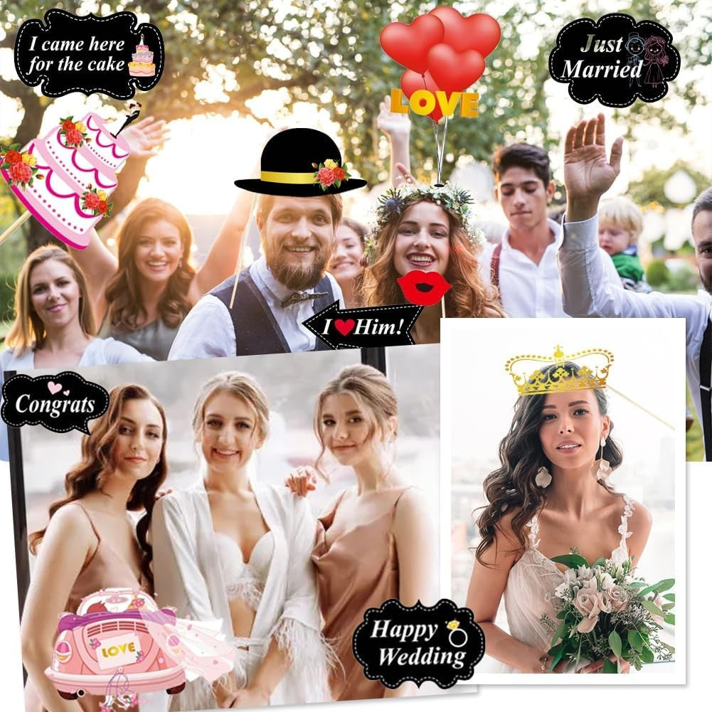 Set 60 de Accesorii pentru Petrecere, Klevo, Tematica Nunta, Props pentru Coltul de Poze, Ochelari, Palarii, Mustata, Cravata, pentru Evenimente, Multicolor