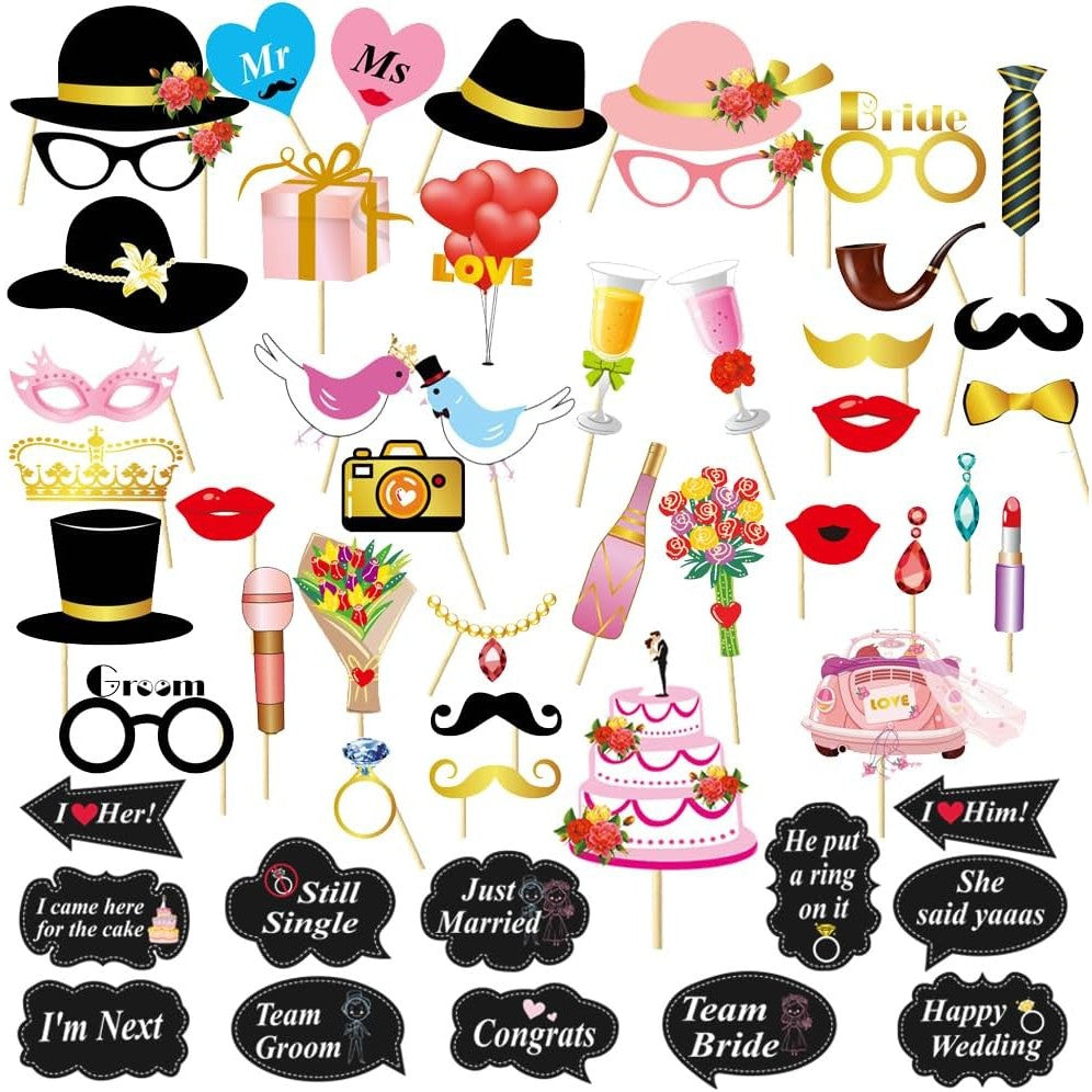 Set 60 de Accesorii pentru Petrecere, Klevo, Tematica Nunta, Props pentru Coltul de Poze, Ochelari, Palarii, Mustata, Cravata, pentru Evenimente, Multicolor