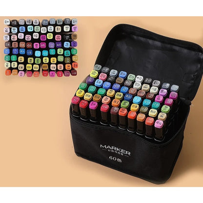 Set 60 Markere, Klevo, pe Baza de Alcool, Dublu Capat, Subtire 1mm si Gros 6 mm, Geanta Depozitare, 15 cm, Multicolor