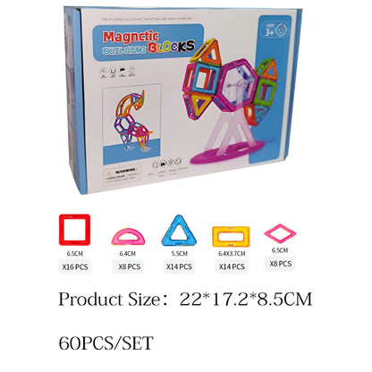 Set 60 Piese Magnetice de Constructie, Klevo, Piese Mari, Magnetic Blocks, Forme Geometrice, 3 Ani, ABS, Magnet, 22 x 17.2 x 8.5 cm, Multicolor