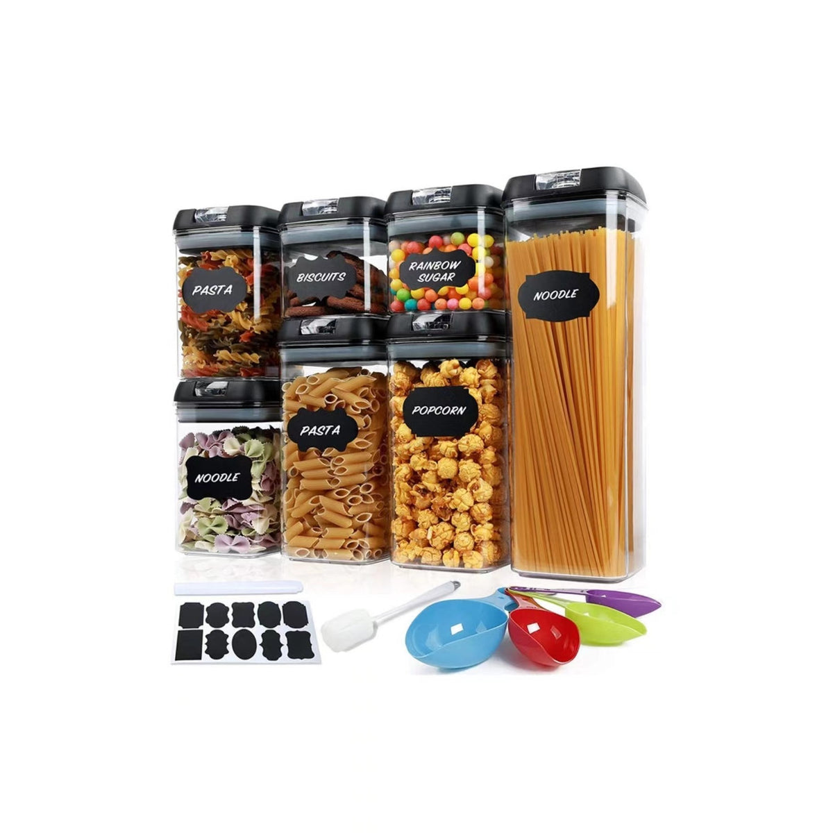 Set 7 Recipiente Organizare Alimente, Klevo, Inchidere Etansa, Etichete Reutilizabile, Cupe Masurare, 4 Dimensiuni Diferite, din Plastic Dur, Transparent